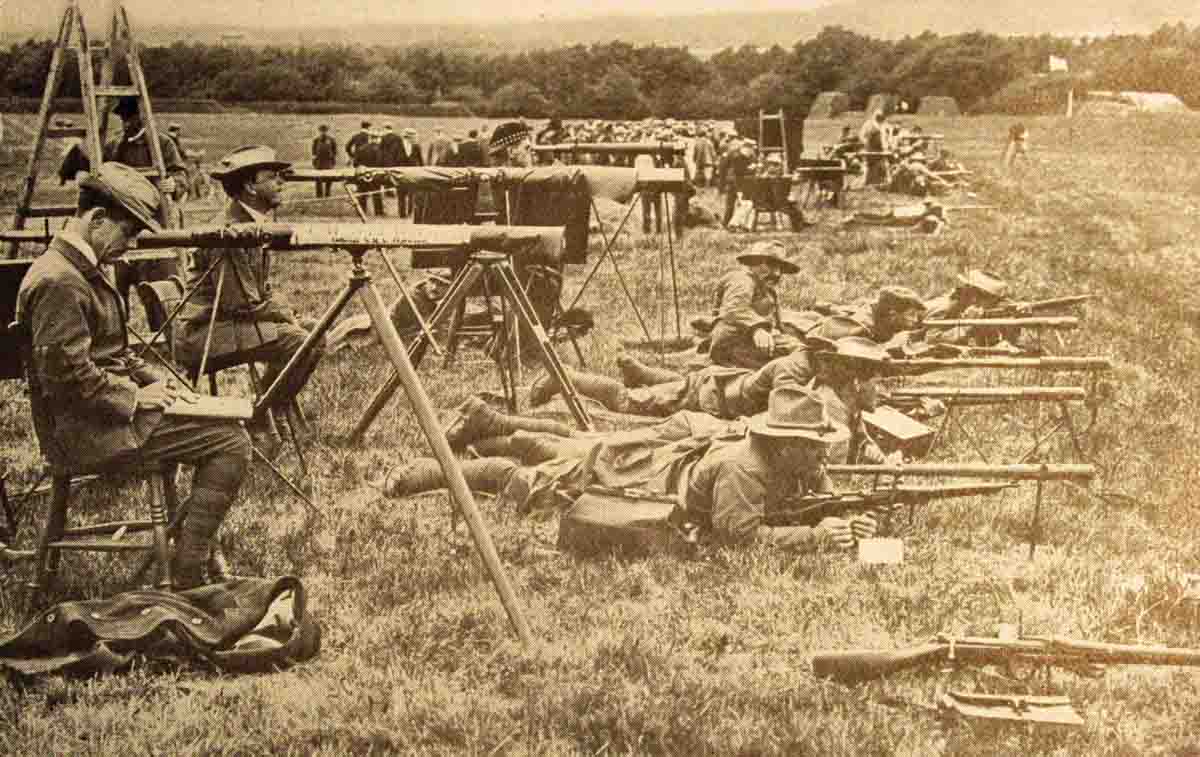 Three Leech Cup winners: C. B. Winder, K. K. V. Casey and Sgt. William F. Leushner were on the victorious 1908 American Olympic Rifle Team. That’s Winder distracted by the camera.